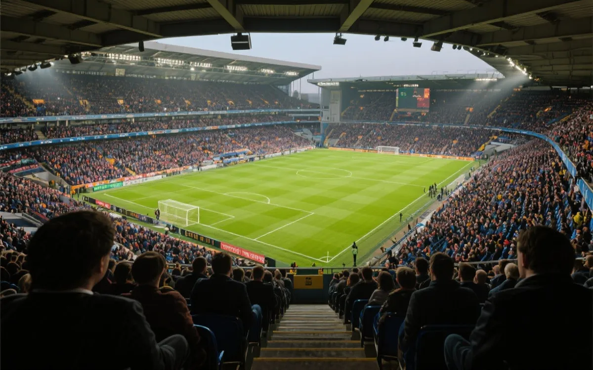 从不同看台高度观察足球场的对比：边线中层、底线近端与高层全景